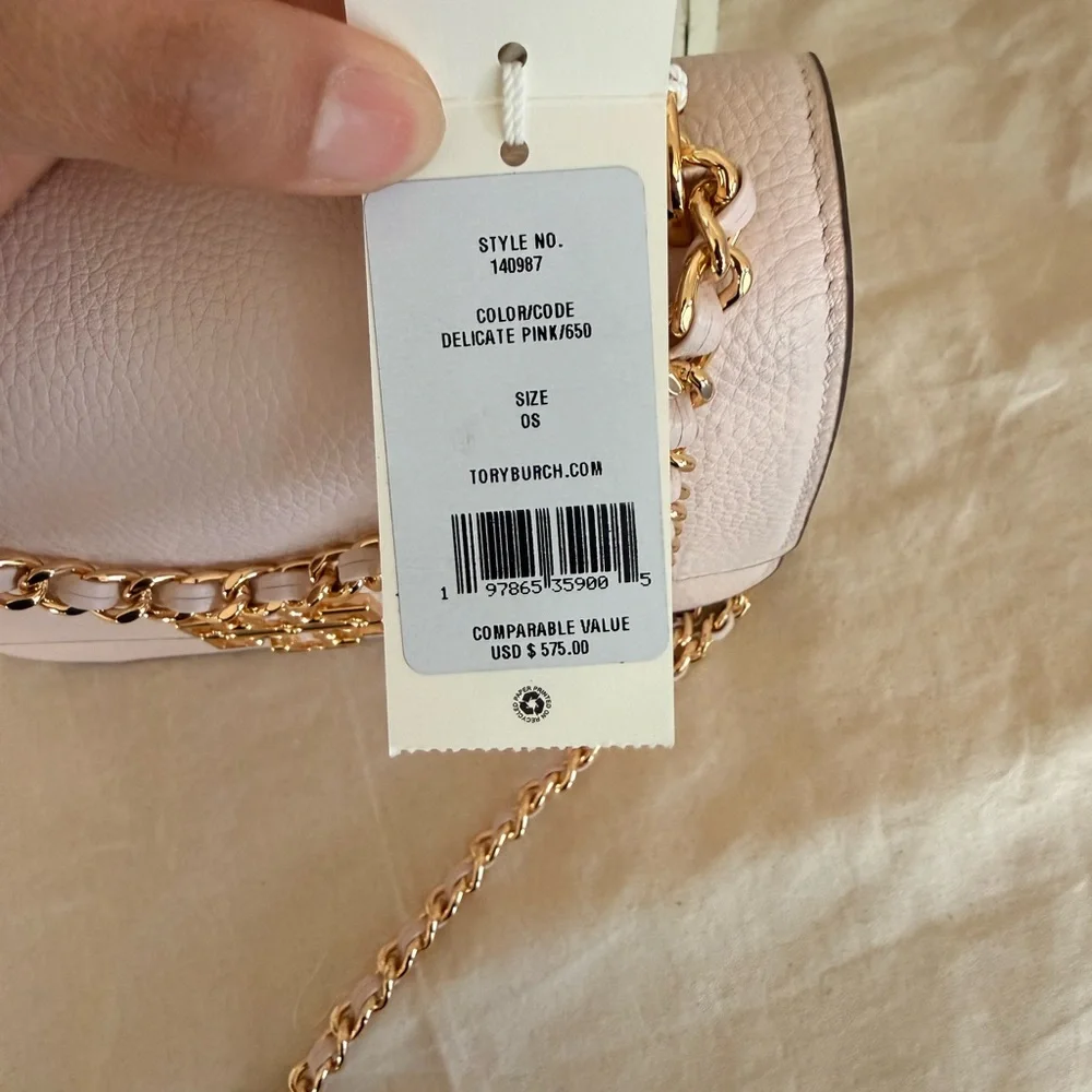 575+!Tory Burch Britten Small Adjustable Shoulder Bag Light Pink with Gold Chain